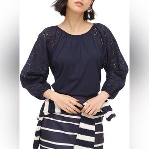 🎉HP🎉 J Crew Embroidered Eyelet Balloon Long Sleeve Top in Navy